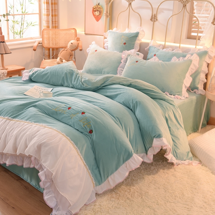 91家纺网 家纺一手货源 找家纺 欧冠 2023公主风倾城牛奶绒四件套 倾城-慕蓝