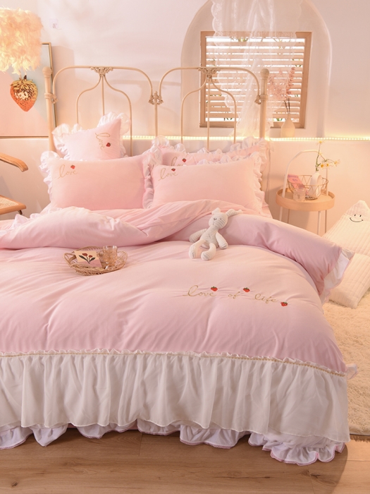 91家纺网 家纺一手货源 找家纺 欧冠 2023公主风倾城牛奶绒四件套 倾城-浅粉