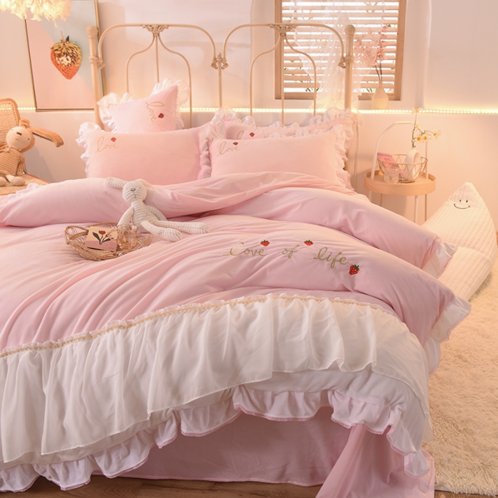 91家纺网 家纺一手货源 找家纺 欧冠 2023公主风倾城牛奶绒四件套 倾城-浅粉