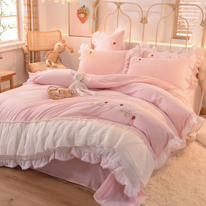 91家纺网 家纺一手货源 找家纺 欧冠 2023公主风倾城牛奶绒四件套 倾城-浅粉