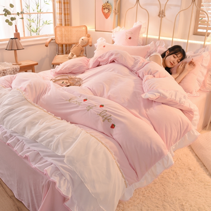 91家纺网 家纺一手货源 找家纺 欧冠 2023公主风倾城牛奶绒四件套 倾城-浅粉