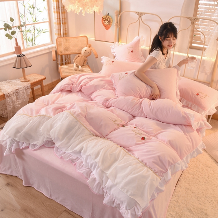 91家纺网 家纺一手货源 找家纺 欧冠 2023公主风倾城牛奶绒四件套 倾城-浅粉