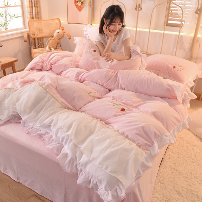 91家纺网 家纺一手货源 找家纺 欧冠 2023公主风倾城牛奶绒四件套 倾城-浅粉