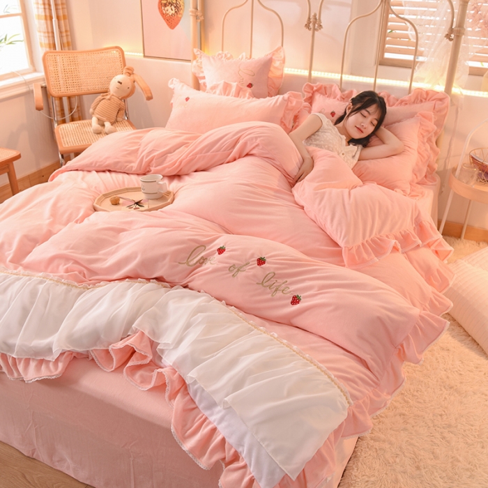 91家纺网 家纺一手货源 找家纺 欧冠 2023公主风倾城牛奶绒四件套 倾城-玉色