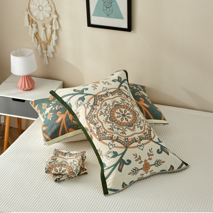 91家纺网 家纺一手货源 找家纺 朴尔 2023新款素雅系列全棉系列四层纱布枕巾52x78cm/对 恋恋花枝-绿