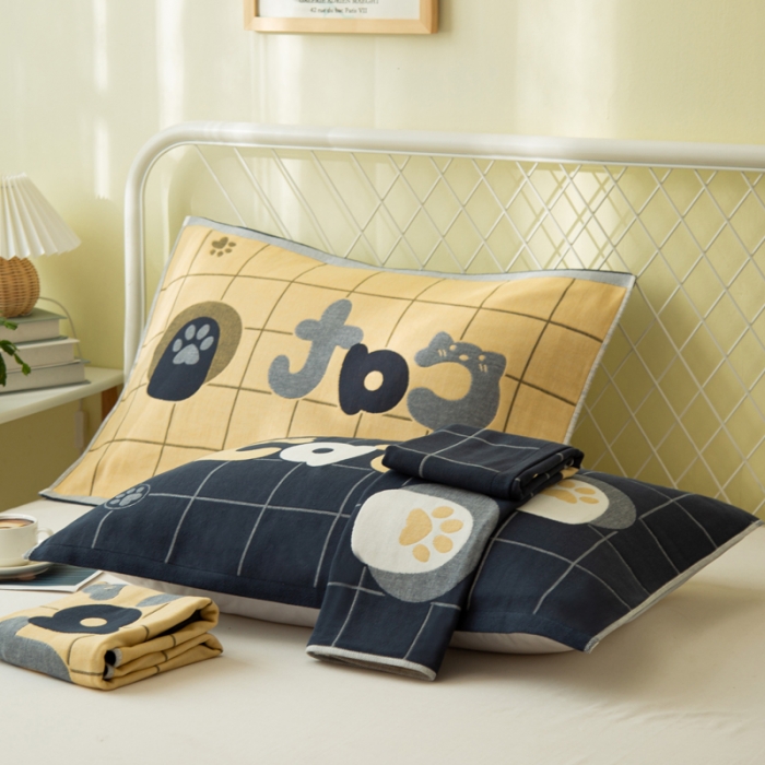 91家纺网 家纺一手货源 找家纺 朴尔 2023新款卡通风格全棉四层纱布枕巾52x78cm/对 cat-藏青