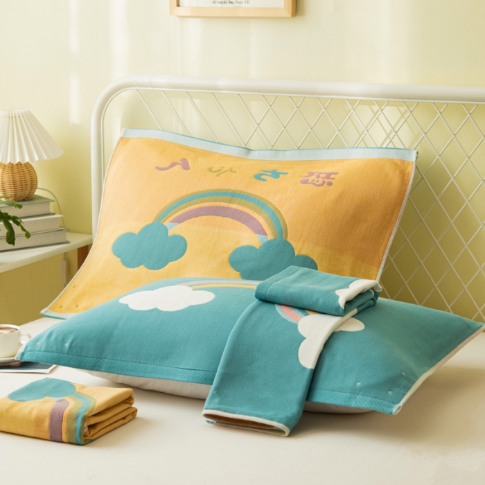 91家纺网 家纺一手货源 找家纺 朴尔 2023新款卡通风格全棉四层纱布枕巾52x78cm/对 彩虹-绿