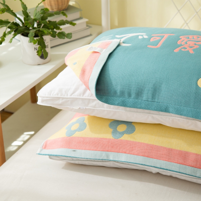 91家纺网 家纺一手货源 找家纺 朴尔 2023新款卡通风格全棉四层纱布枕巾52x78cm/对 可爱-绿