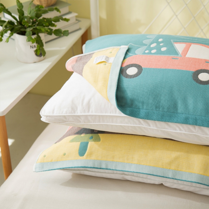 91家纺网 家纺一手货源 找家纺 朴尔 2023新款卡通风格全棉四层纱布枕巾52x78cm/对 恐龙-绿