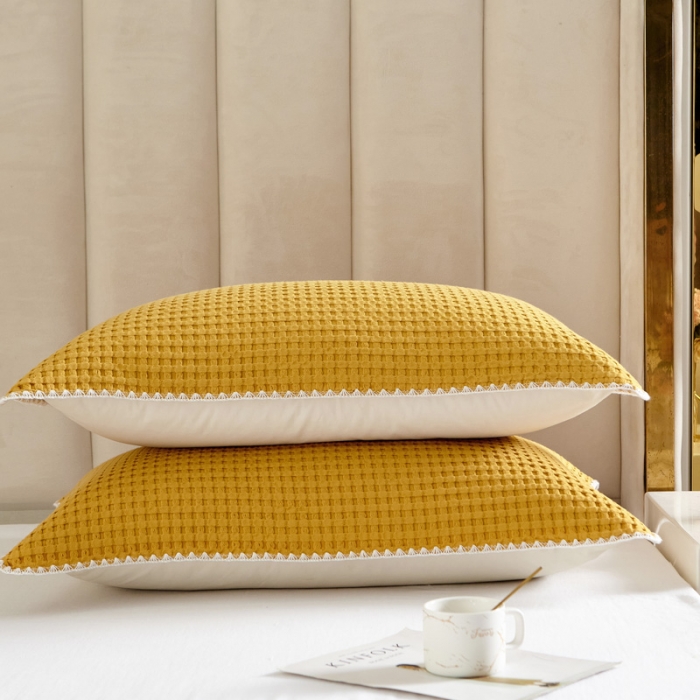 91家纺网 家纺一手货源 找家纺 朴尔 2023新款全棉纱布华夫格素色枕巾系列52x78cm/对 华夫格纹枕巾-姜黄