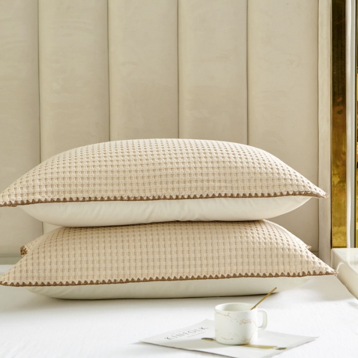 91家纺网 家纺一手货源 找家纺 朴尔 2023新款全棉纱布华夫格素色枕巾系列52x78cm/对 华夫格纹枕巾-米白