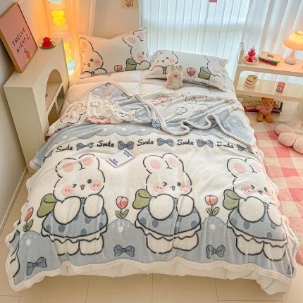 91家纺网 家纺一手货源 找家纺 川悦生活 2023新款高克重宽边菠萝格双面包边雪花绒毛毯 毛毯少女小兔