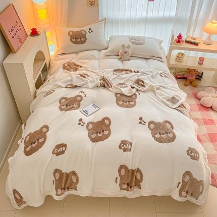 91家纺网 家纺一手货源 找家纺 川悦生活 2023新款高克重宽边菠萝格双面包边雪花绒毛毯 毛毯可爱熊仔