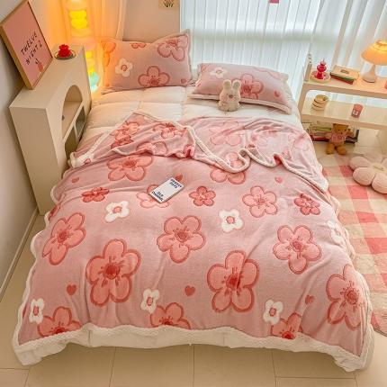 91家纺网 家纺一手货源 找家纺 川悦生活 2023新款高克重宽边菠萝格双面包边雪花绒毛毯 毛毯春日花语