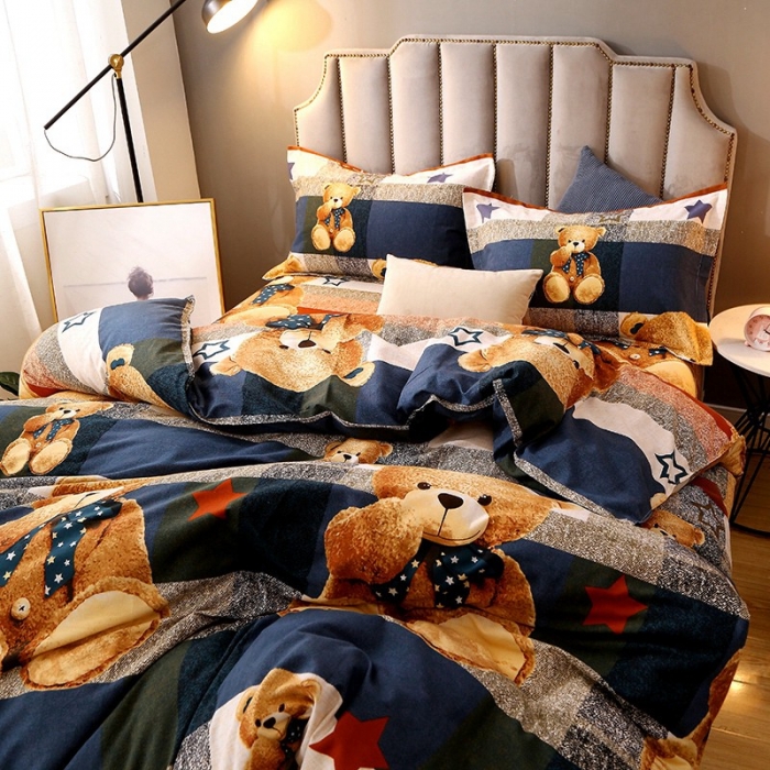 91家纺网 家纺一手货源 找家纺 晶缦 2023新款典雅系全棉活性磨毛四件套 可爱熊