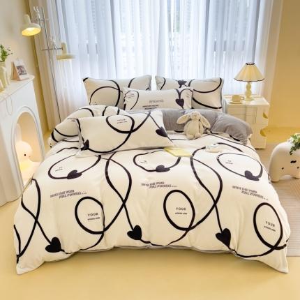 91家纺网 家纺一手货源 找家纺 印季 2024新款加厚印花牛奶绒四件套 绘心-米