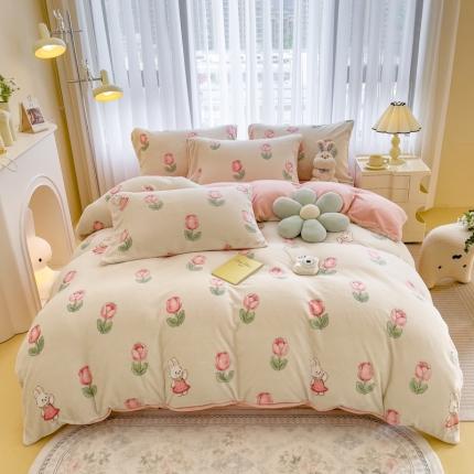 91家纺网 家纺一手货源 找家纺 印季 2024新款加厚印花牛奶绒四件套 郁兔-粉