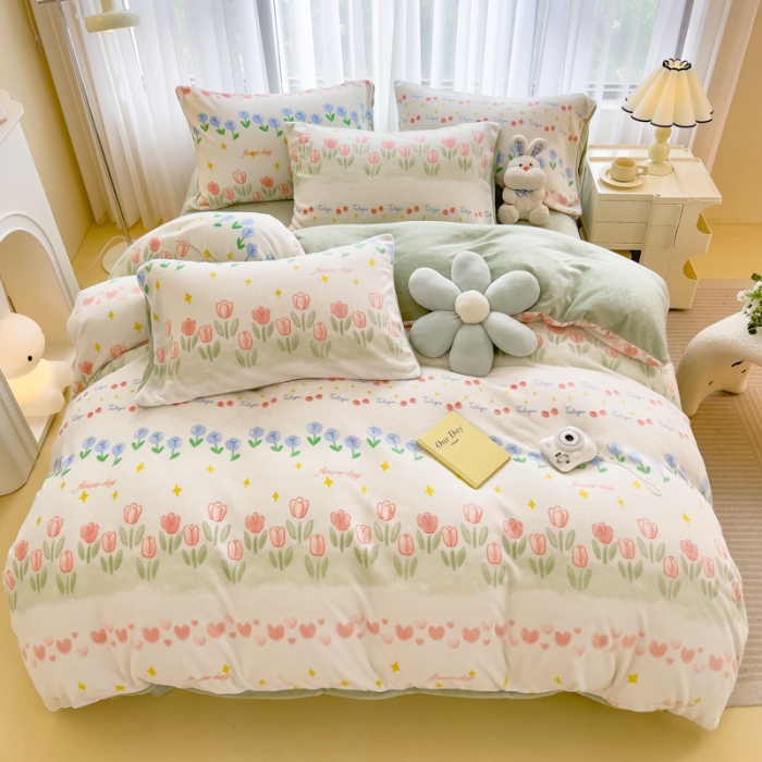 91家纺网 家纺一手货源 找家纺 印季 2024新款加厚印花牛奶绒四件套 花园集市