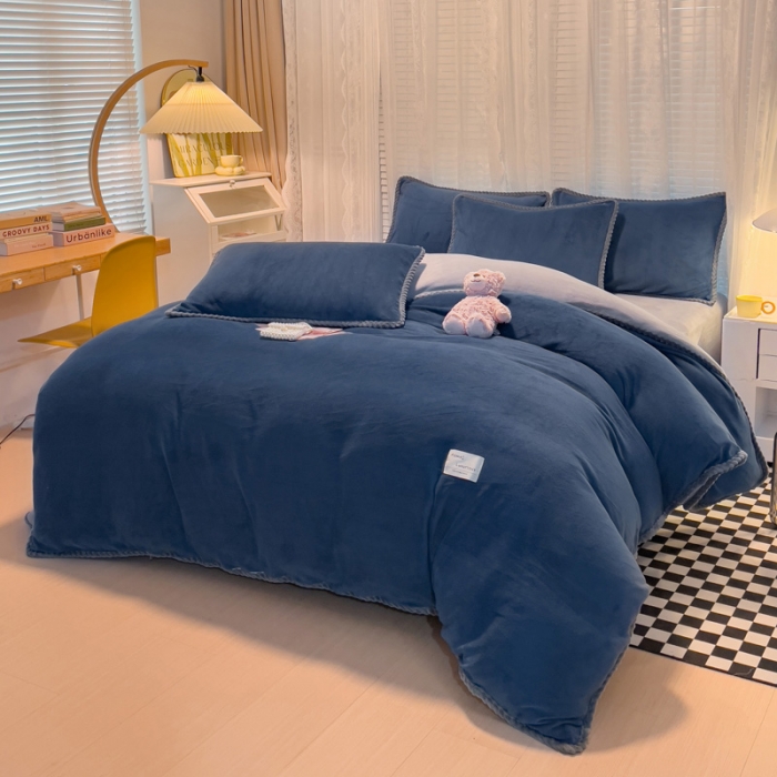 91家纺网 家纺一手货源 找家纺 欧冠 2023新款加厚牛奶绒纯色优雅四件套 优雅-宝蓝