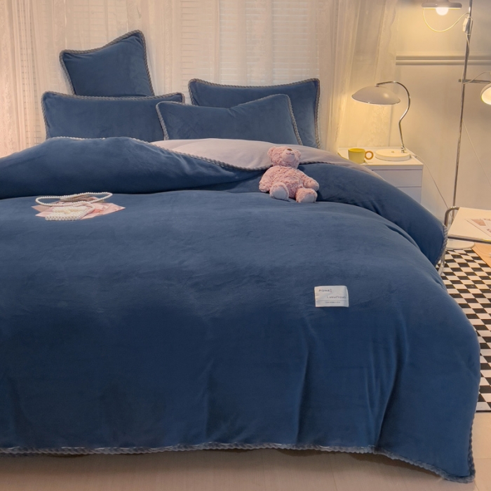 91家纺网 家纺一手货源 找家纺 欧冠 2023新款加厚牛奶绒纯色优雅四件套 优雅-宝蓝