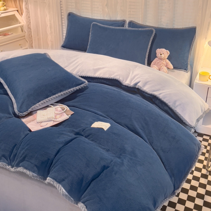 91家纺网 家纺一手货源 找家纺 欧冠 2023新款加厚牛奶绒纯色优雅四件套 优雅-宝蓝