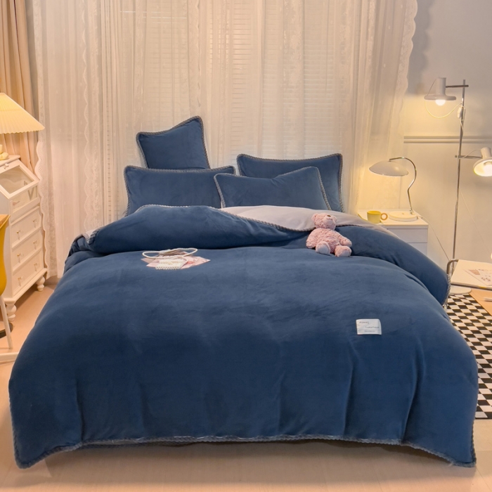 91家纺网 家纺一手货源 找家纺 欧冠 2023新款加厚牛奶绒纯色优雅四件套 优雅-宝蓝