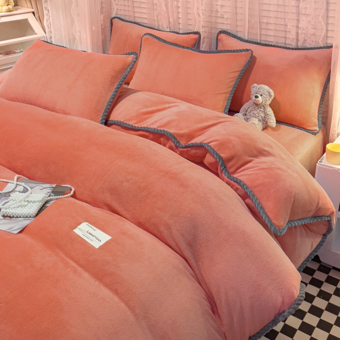 91家纺网 家纺一手货源 找家纺 欧冠 2023新款加厚牛奶绒纯色优雅四件套 优雅-橙色