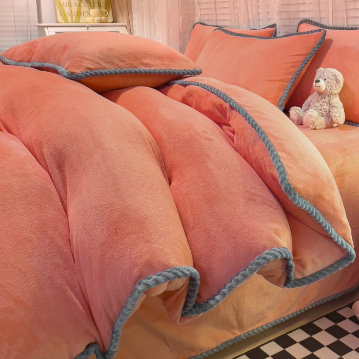 91家纺网 家纺一手货源 找家纺 欧冠 2023新款加厚牛奶绒纯色优雅四件套 优雅-橙色