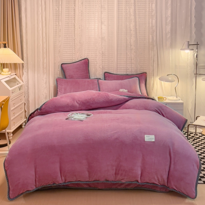 91家纺网 家纺一手货源 找家纺 欧冠 2023新款加厚牛奶绒纯色优雅四件套 优雅-豆沙