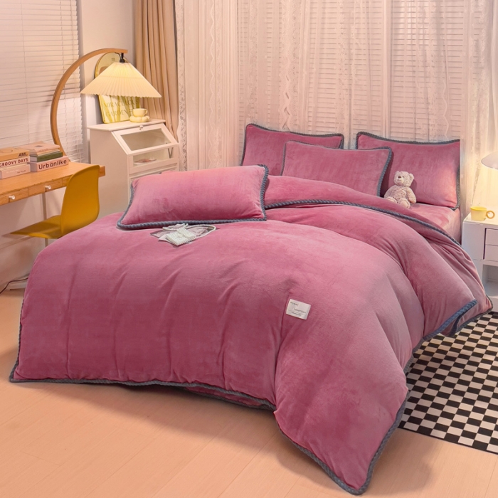 91家纺网 家纺一手货源 找家纺 欧冠 2023新款加厚牛奶绒纯色优雅四件套 优雅-豆沙