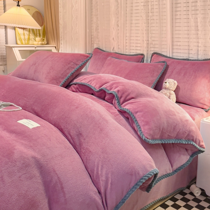 91家纺网 家纺一手货源 找家纺 欧冠 2023新款加厚牛奶绒纯色优雅四件套 优雅-豆沙