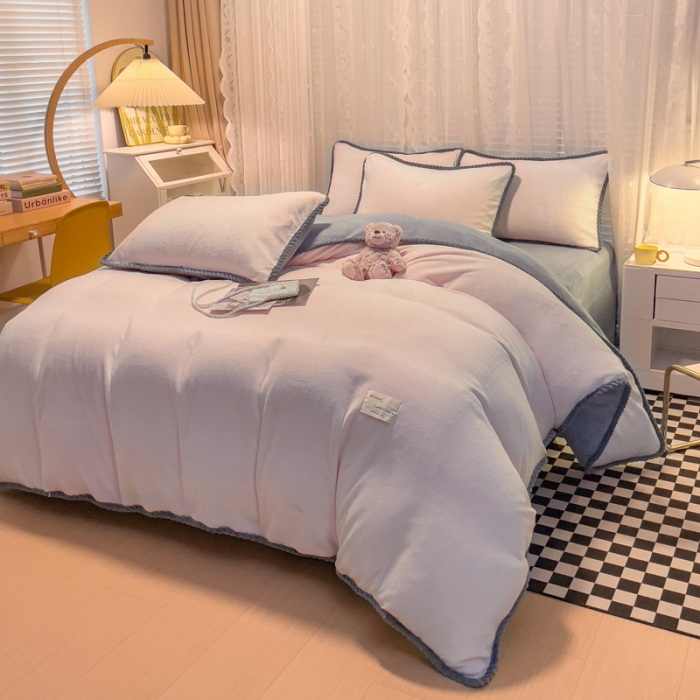 91家纺网 家纺一手货源 找家纺 欧冠 2023新款加厚牛奶绒纯色优雅四件套 优雅-粉灰