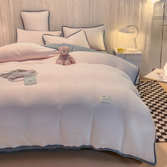 91家纺网 家纺一手货源 找家纺 欧冠 2023新款加厚牛奶绒纯色优雅四件套 优雅-粉灰