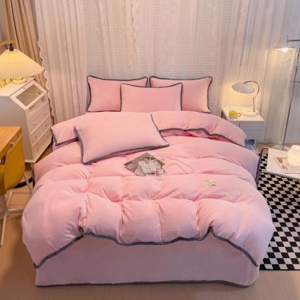 欧冠 2023新款加厚牛奶绒纯色优雅四件套 优雅-粉色