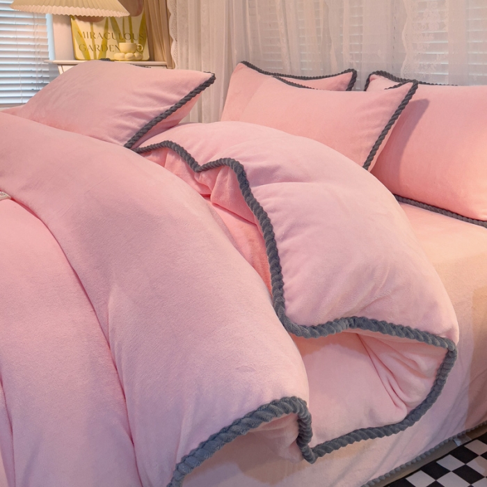 91家纺网 家纺一手货源 找家纺 欧冠 2023新款加厚牛奶绒纯色优雅四件套 优雅-粉色