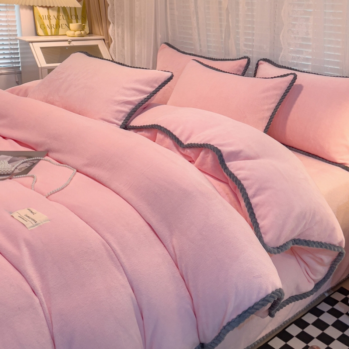 91家纺网 家纺一手货源 找家纺 欧冠 2023新款加厚牛奶绒纯色优雅四件套 优雅-粉色