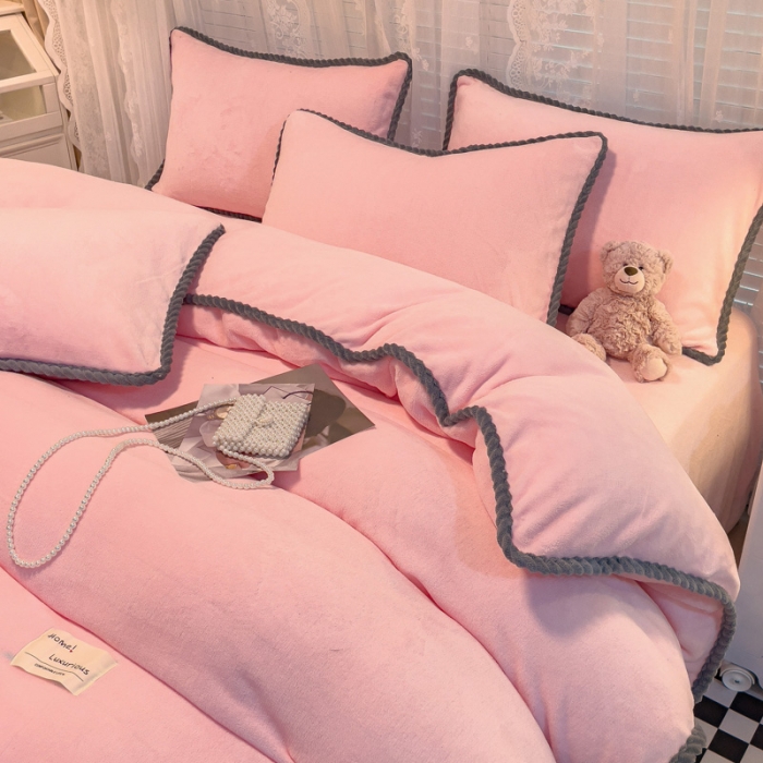 91家纺网 家纺一手货源 找家纺 欧冠 2023新款加厚牛奶绒纯色优雅四件套 优雅-粉色