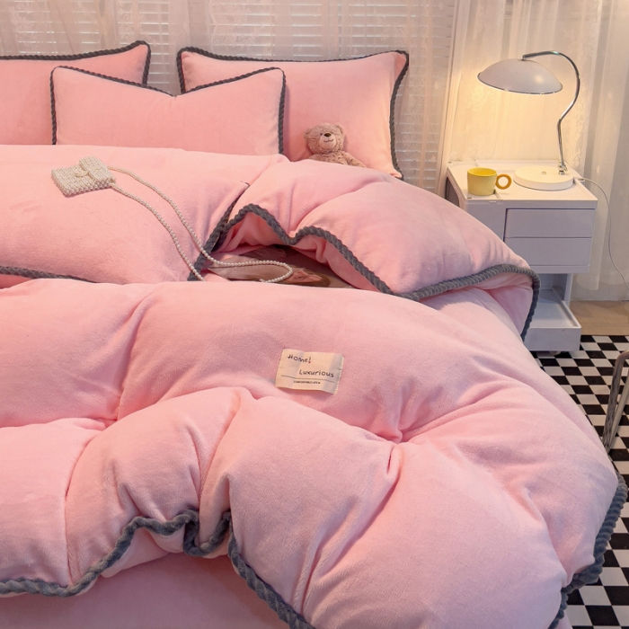 91家纺网 家纺一手货源 找家纺 欧冠 2023新款加厚牛奶绒纯色优雅四件套 优雅-粉色