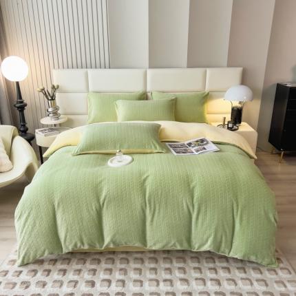 91家纺网 家纺一手货源 找家纺 印季 2024新款立体剪花牛奶绒保暖四件套-麦穗 草绿-亮黄