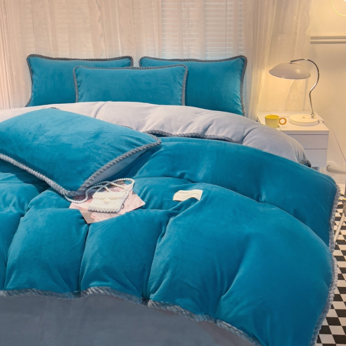 91家纺网 家纺一手货源 找家纺 欧冠 2023新款加厚牛奶绒纯色优雅四件套 优雅-孔雀蓝