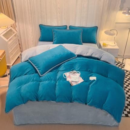 欧冠 2023新款加厚牛奶绒纯色优雅四件套 优雅-孔雀蓝