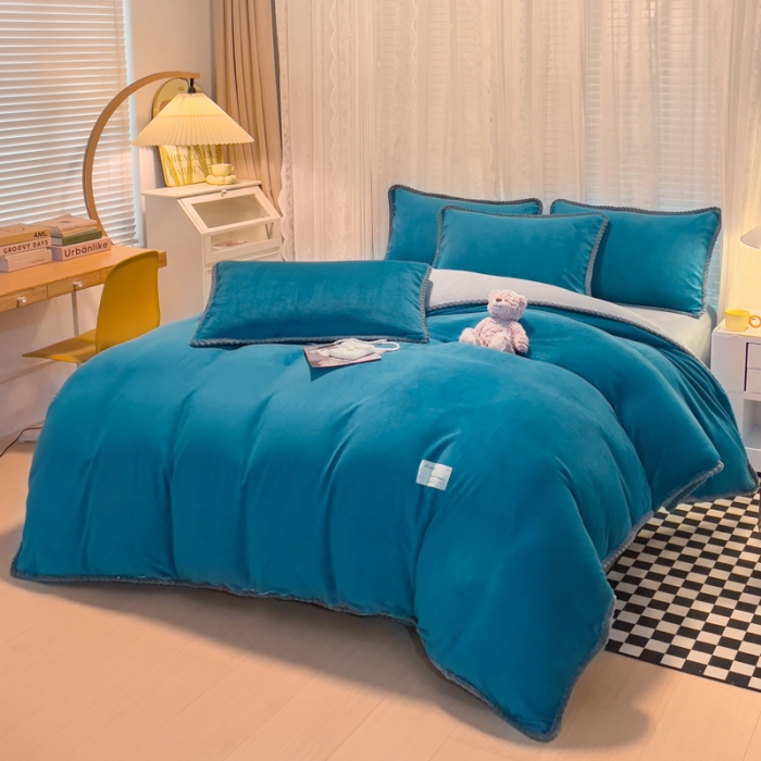 91家纺网 家纺一手货源 找家纺 欧冠 2023新款加厚牛奶绒纯色优雅四件套 优雅-孔雀蓝