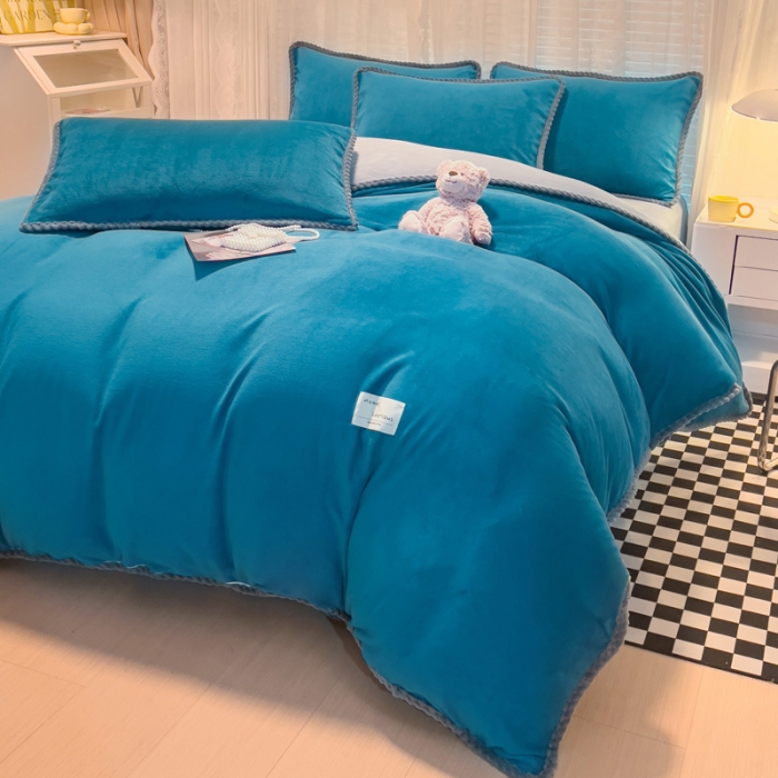 91家纺网 家纺一手货源 找家纺 欧冠 2023新款加厚牛奶绒纯色优雅四件套 优雅-孔雀蓝