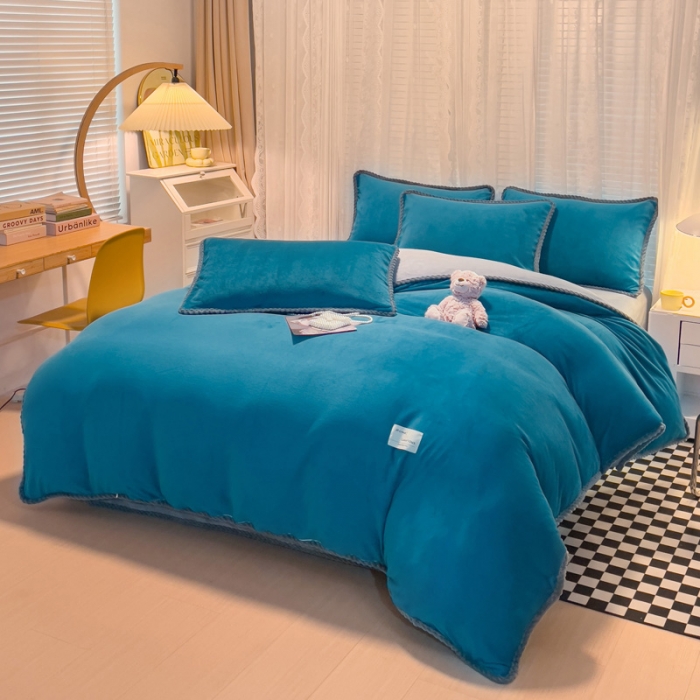 91家纺网 家纺一手货源 找家纺 欧冠 2023新款加厚牛奶绒纯色优雅四件套 优雅-孔雀蓝