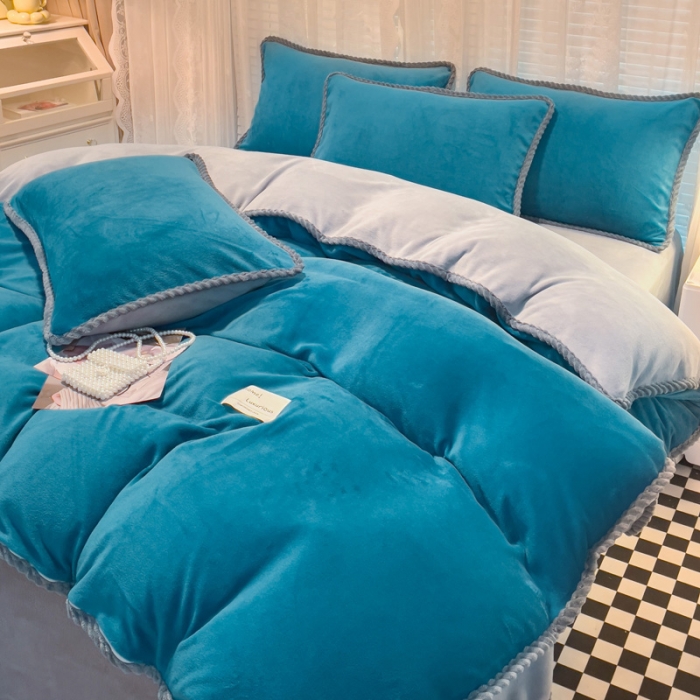 91家纺网 家纺一手货源 找家纺 欧冠 2023新款加厚牛奶绒纯色优雅四件套 优雅-孔雀蓝