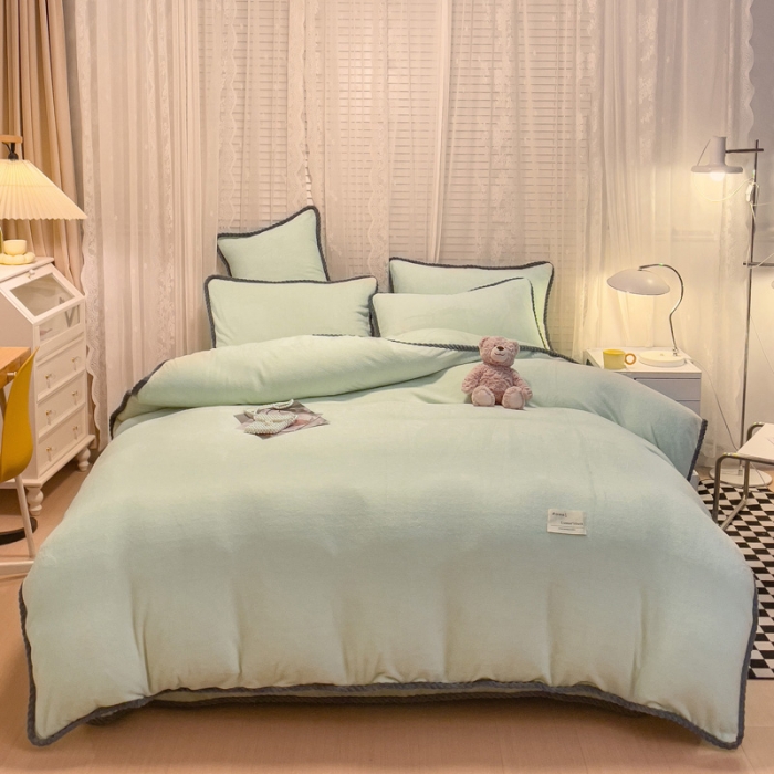 91家纺网 家纺一手货源 找家纺 欧冠 2023新款加厚牛奶绒纯色优雅四件套 优雅-抹茶