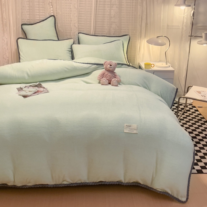 91家纺网 家纺一手货源 找家纺 欧冠 2023新款加厚牛奶绒纯色优雅四件套 优雅-抹茶