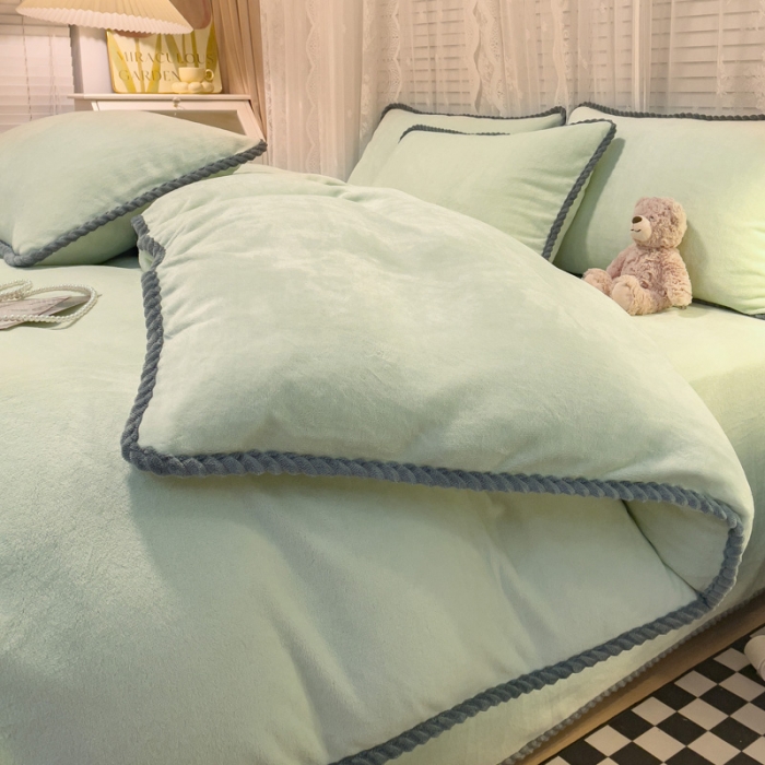 91家纺网 家纺一手货源 找家纺 欧冠 2023新款加厚牛奶绒纯色优雅四件套 优雅-抹茶