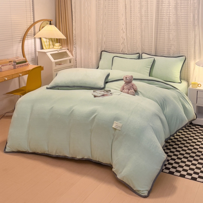 91家纺网 家纺一手货源 找家纺 欧冠 2023新款加厚牛奶绒纯色优雅四件套 优雅-抹茶