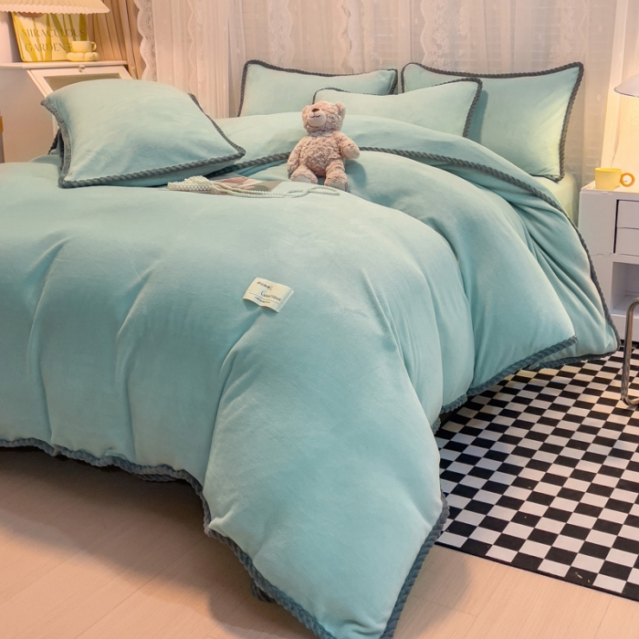 91家纺网 家纺一手货源 找家纺 欧冠 2023新款加厚牛奶绒纯色优雅四件套 优雅-慕蓝